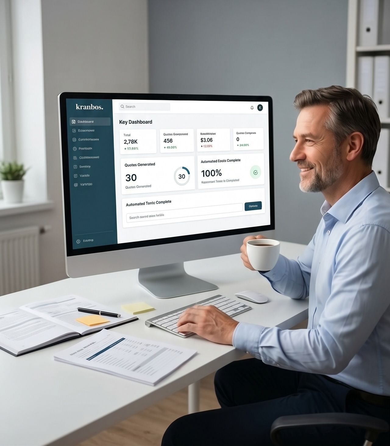 The same business owner relaxed with a coffee, looking at a clean Kranbos dashboard showing quotes generated and automated tasks complete