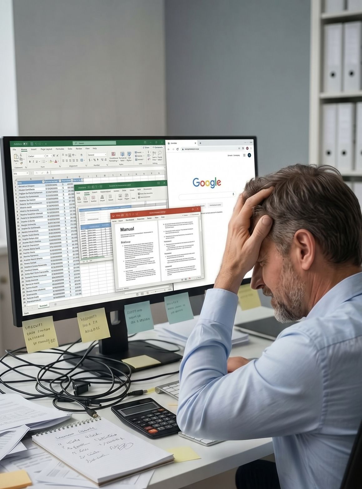 A stressed business owner at a cluttered desk with messy spreadsheets, scattered papers, and sticky notes